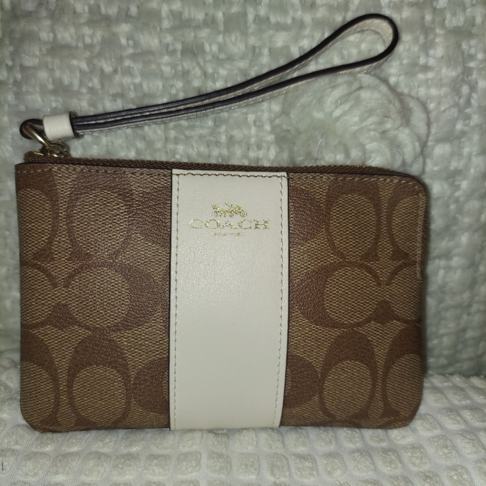 Coach Signature Canvas and Leather Medium Khaki and Chalk Wristlet Wallet